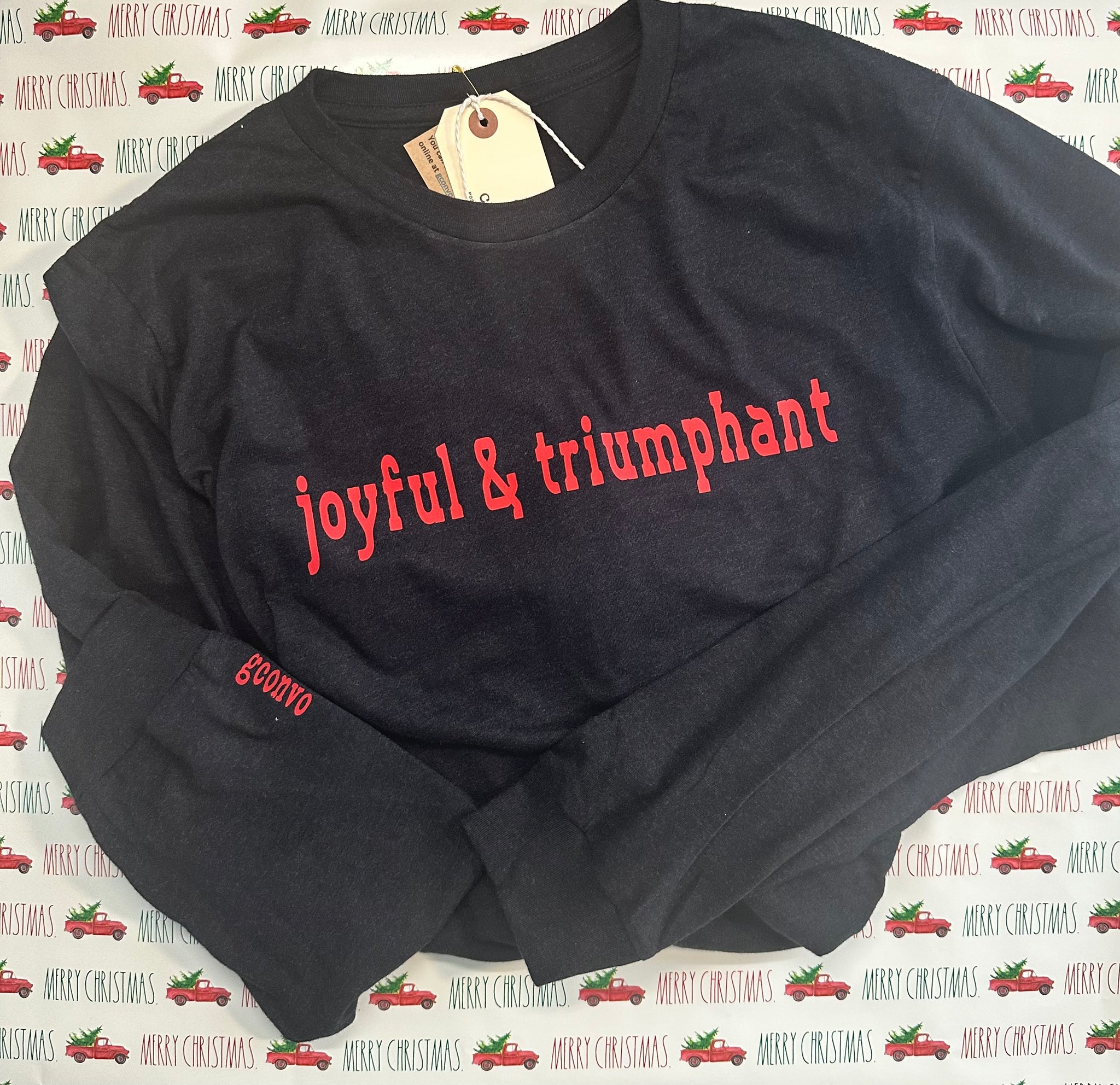 Joyful & Triumphant  Long Sleeve Tee, Crew Neck Tee, Heather Black