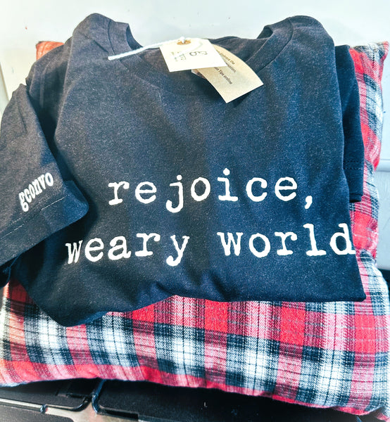 "rejoice weary world", Short Sleeve Tee Shirt, Crew Neck, Heather Black