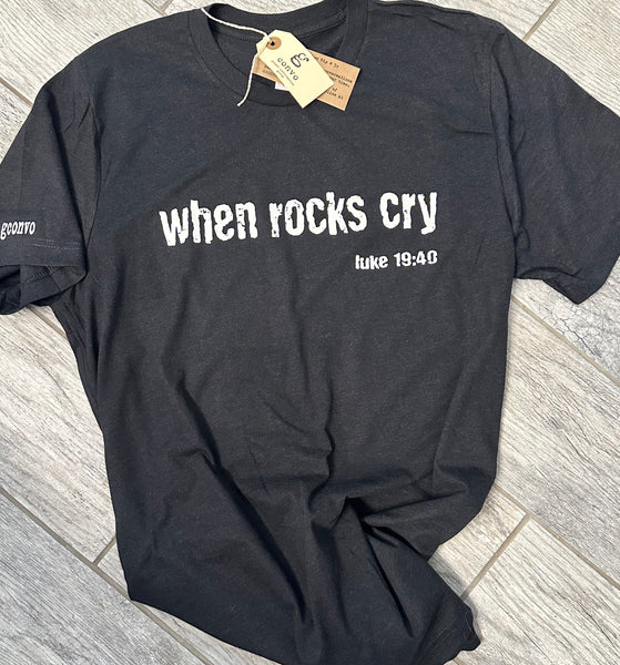 when rocks cry Short Sleeve Tee, Crew Neck, Unisex, Heather Black